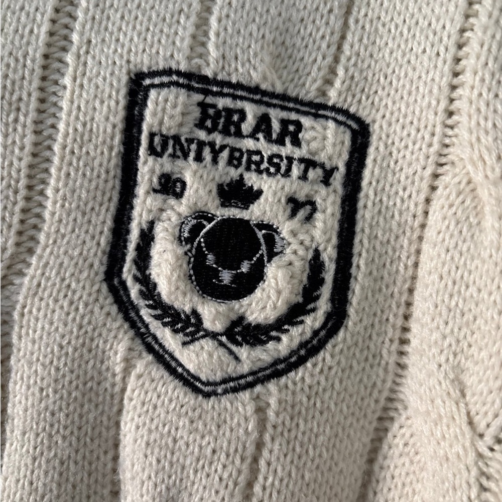 Cable Knit Sweater Vest Oversize Cream Black Contrast Crop Academia Preppy Crest - Picture 6 of 8